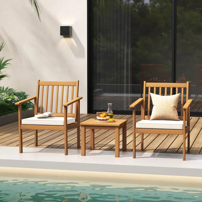 3 Pieces Patio Wood Furniture Set with soft Cushions for Porch-White - White - Patio Conversation Sets
