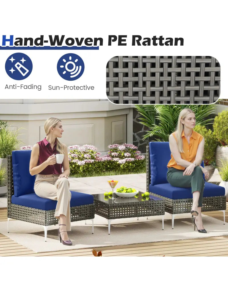 3 Pieces PE Rattan Conversation Chairs with Tempered Glass Coffee Table for Garden Porch-Navy - Navy - Patio