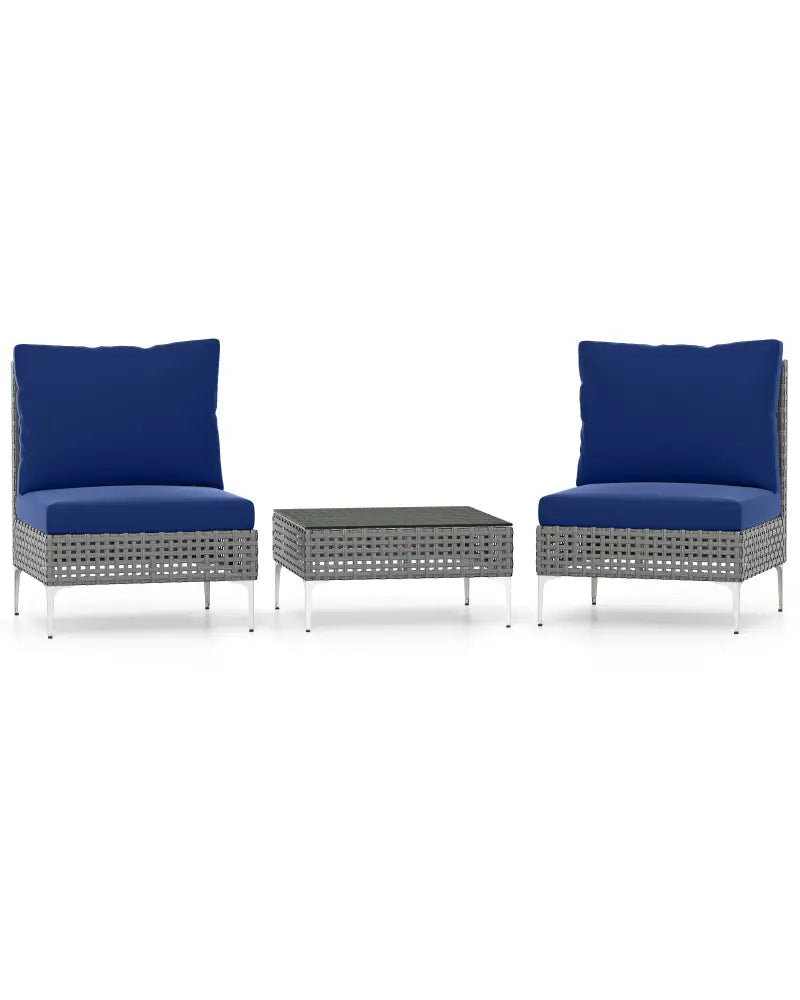 3 Pieces PE Rattan Conversation Chairs with Tempered Glass Coffee Table for Garden Porch-Navy - Navy - Patio