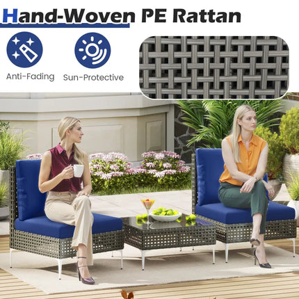 3 Pieces PE Rattan Conversation Chairs with Tempered Glass Coffee Table for Garden Porch-Navy - Navy - Patio