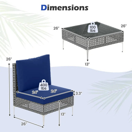 3 Pieces PE Rattan Conversation Chairs with Tempered Glass Coffee Table for Garden Porch-Navy - Navy - Patio