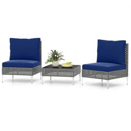 3 Pieces PE Rattan Conversation Chairs with Tempered Glass Coffee Table for Garden Porch-Navy - Navy - Patio