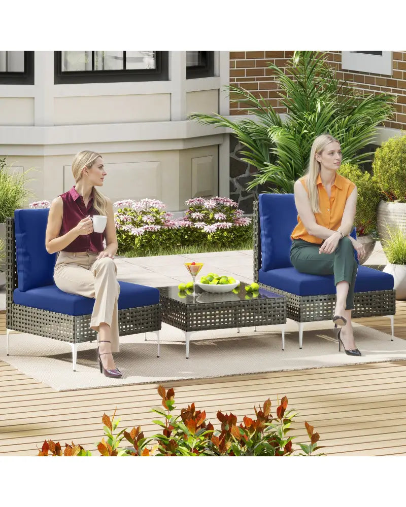 3 Pieces PE Rattan Conversation Chairs with Tempered Glass Coffee Table for Garden Porch-Navy - Navy - Patio