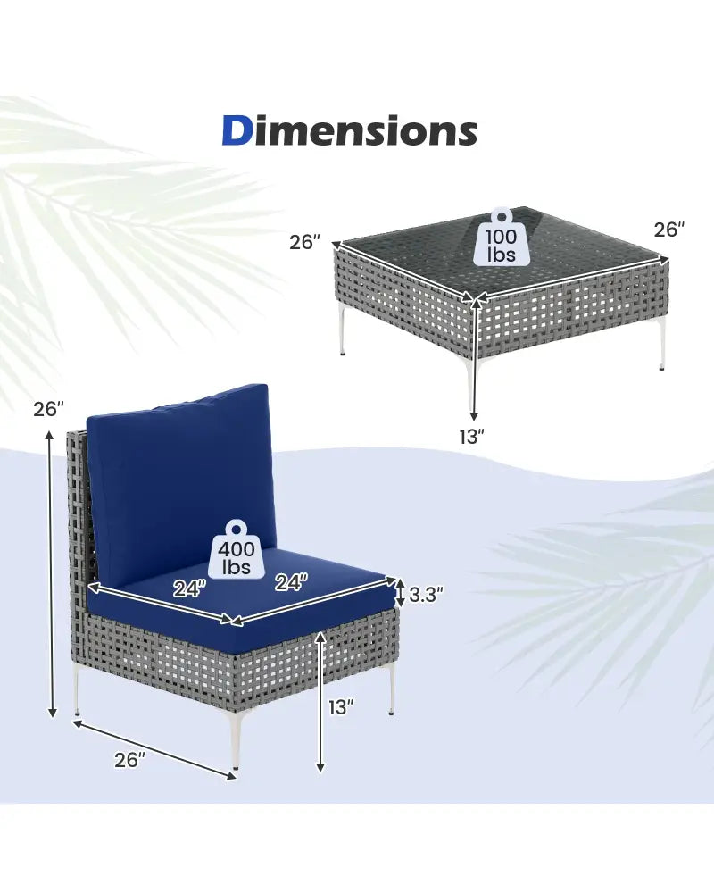 3 Pieces PE Rattan Conversation Chairs with Tempered Glass Coffee Table for Garden Porch-Navy - Navy - Patio