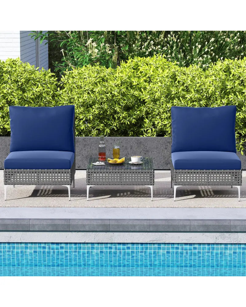 3 Pieces PE Rattan Conversation Chairs with Tempered Glass Coffee Table for Garden Porch-Navy - Navy - Patio