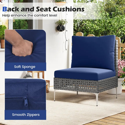 3 Pieces PE Rattan Conversation Chairs with Tempered Glass Coffee Table for Garden Porch-Navy - Navy - Patio