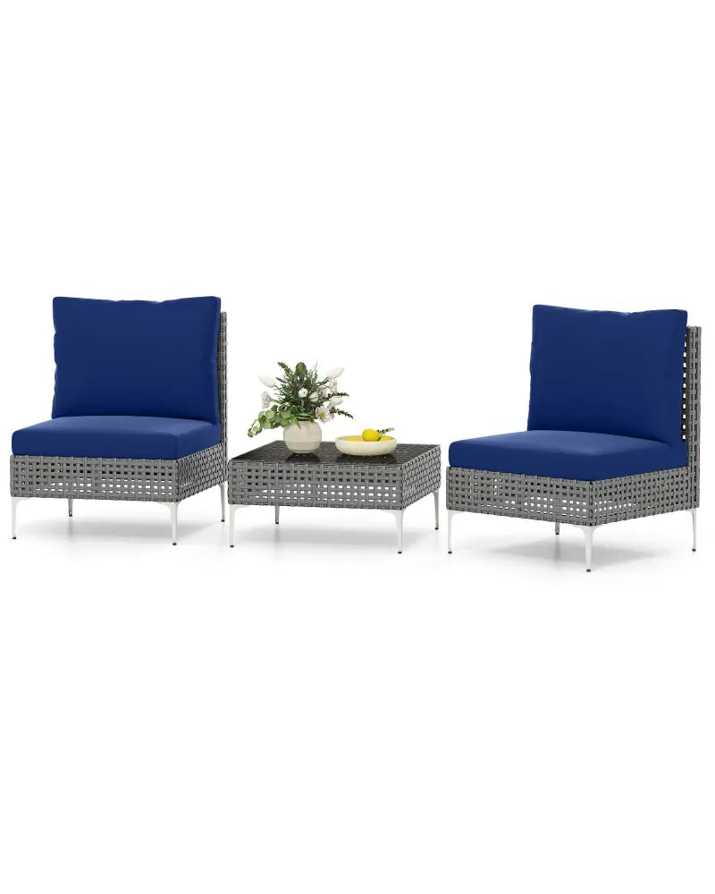 3 Pieces PE Rattan Conversation Chairs with Tempered Glass Coffee Table for Garden Porch-Navy - Navy - Patio