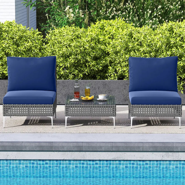 3 Pieces PE Rattan Conversation Chairs with Tempered Glass Coffee Table for Garden Porch-Navy - Navy - Patio