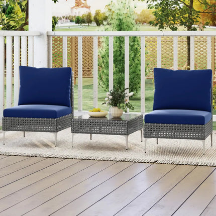 3 Pieces PE Rattan Conversation Chairs with Tempered Glass Coffee Table for Garden Porch-Navy - Navy - Patio