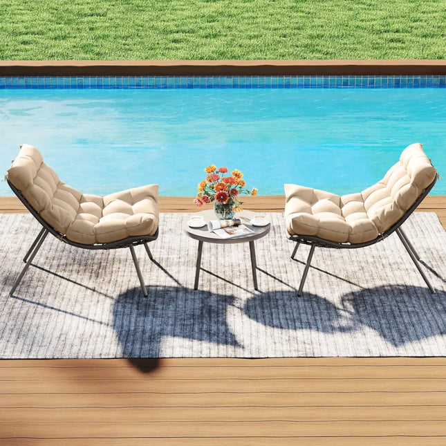 3 Pieces PE Rattan Conversation Set with Cushioned Papasan Chairs-Beige - Beige - Patio Conversation Sets