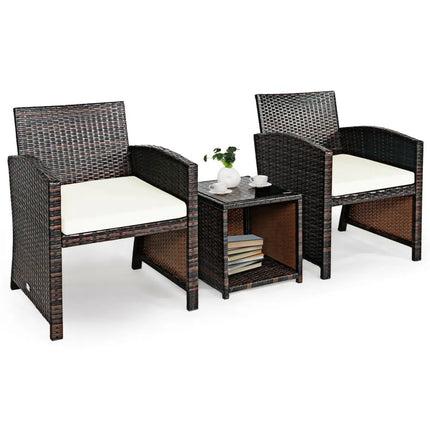 3 Pieces PE Rattan Wicker Furniture Set with Cushion Sofa Coffee Table for Garden-White - White - Patio Conversation