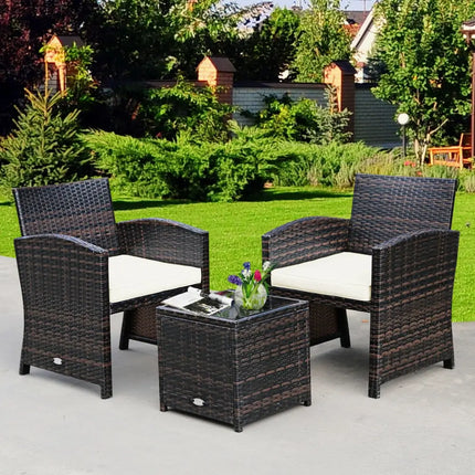 3 Pieces PE Rattan Wicker Furniture Set with Cushion Sofa Coffee Table for Garden-White - White - Patio Conversation