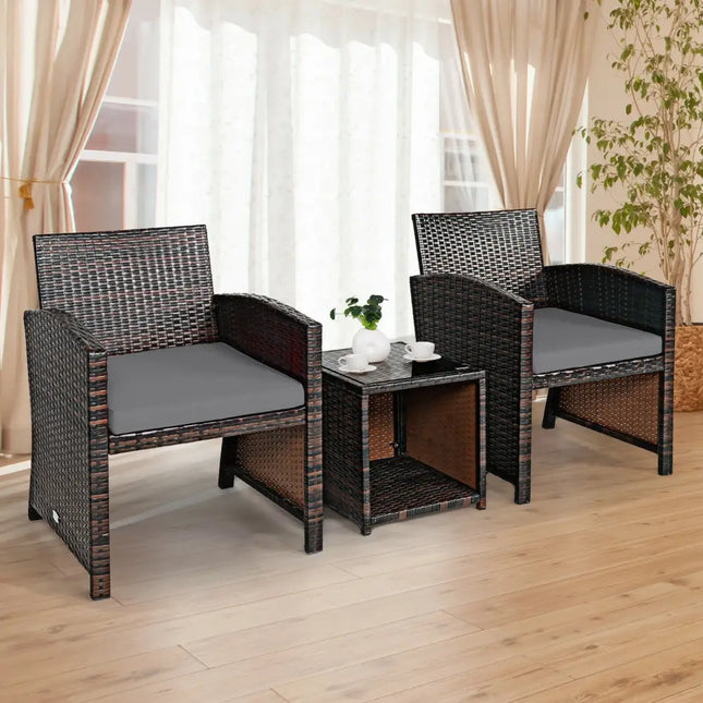 3 Pieces PE Rattan Wicker Furniture Set with Cushion Sofa Coffee Table for Garden-Gray - Gray - Patio Conversation Sets
