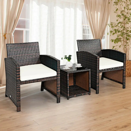 3 Pieces PE Rattan Wicker Furniture Set with Cushion Sofa Coffee Table for Garden-White - White - Patio Conversation