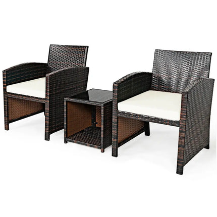 3 Pieces PE Rattan Wicker Furniture Set with Cushion Sofa Coffee Table for Garden-White - White - Patio Conversation