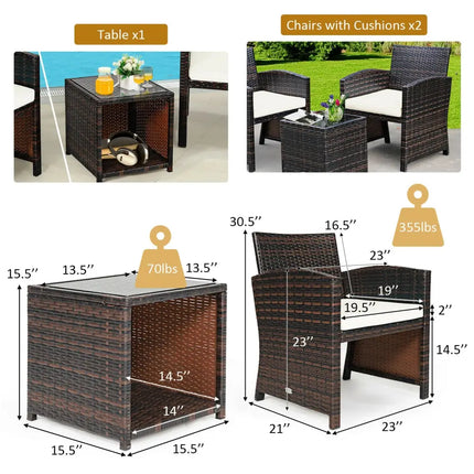 3 Pieces PE Rattan Wicker Furniture Set with Cushion Sofa Coffee Table for Garden-White - White - Patio Conversation