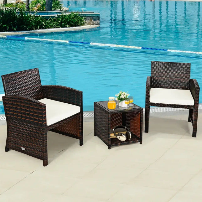 3 Pieces PE Rattan Wicker Furniture Set with Cushion Sofa Coffee Table for Garden-White - White - Patio Conversation