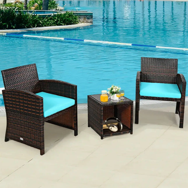 3 Pieces PE Rattan Wicker Furniture Set with Cushion Sofa Coffee Table for Garden-Turquoise - Turquoise - Patio
