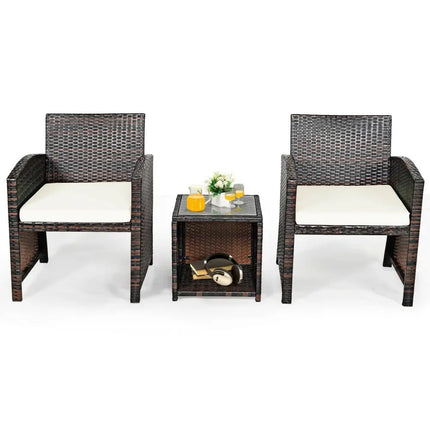 3 Pieces PE Rattan Wicker Furniture Set with Cushion Sofa Coffee Table for Garden-White - White - Patio Conversation