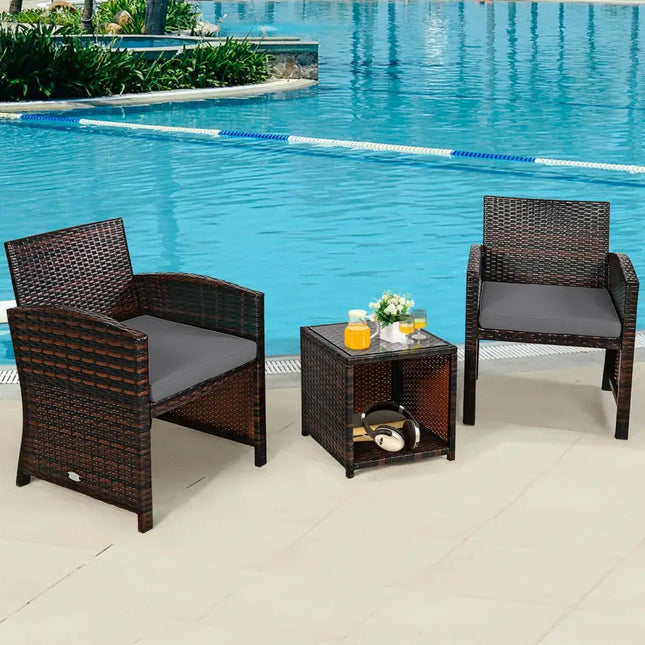 3 Pieces PE Rattan Wicker Furniture Set with Cushion Sofa Coffee Table for Garden-Gray - Gray - Patio Conversation Sets