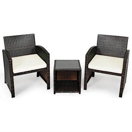 3 Pieces PE Rattan Wicker Furniture Set with Cushion Sofa Coffee Table for Garden-White - White - Patio Conversation
