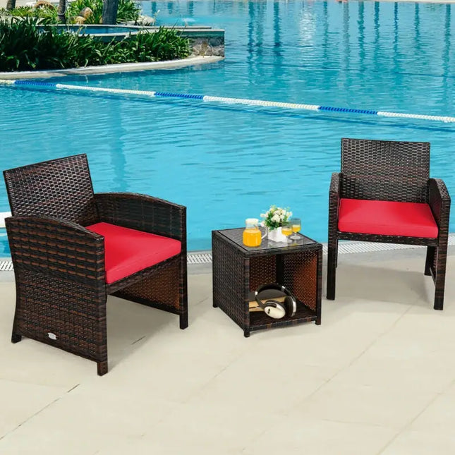 3 Pieces PE Rattan Wicker Furniture Set with Cushion Sofa Coffee Table for Garden-Red - Red - Patio Conversation Sets