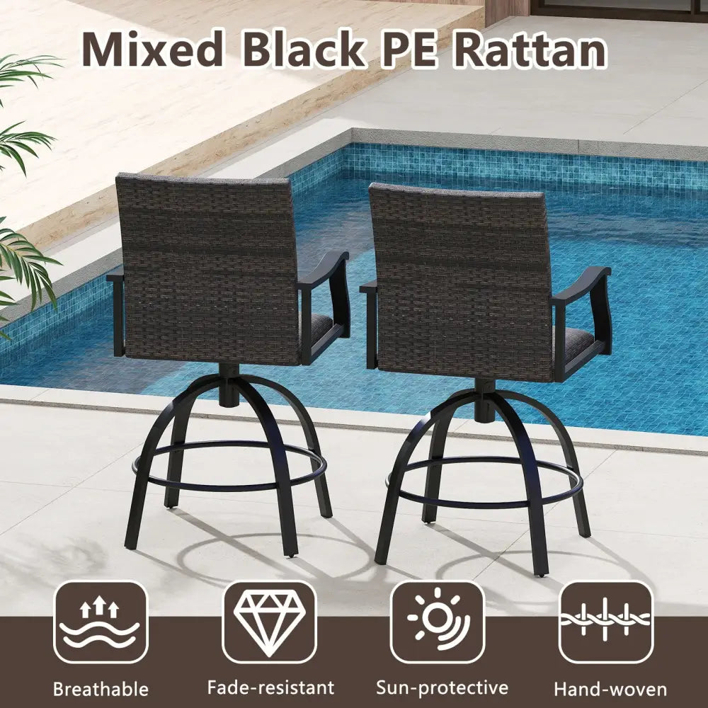 3 Pieces PE Wicker Patio Swivel Bar Set with Quick-Drying Foam-Black - Black - Patio Bar Furniture