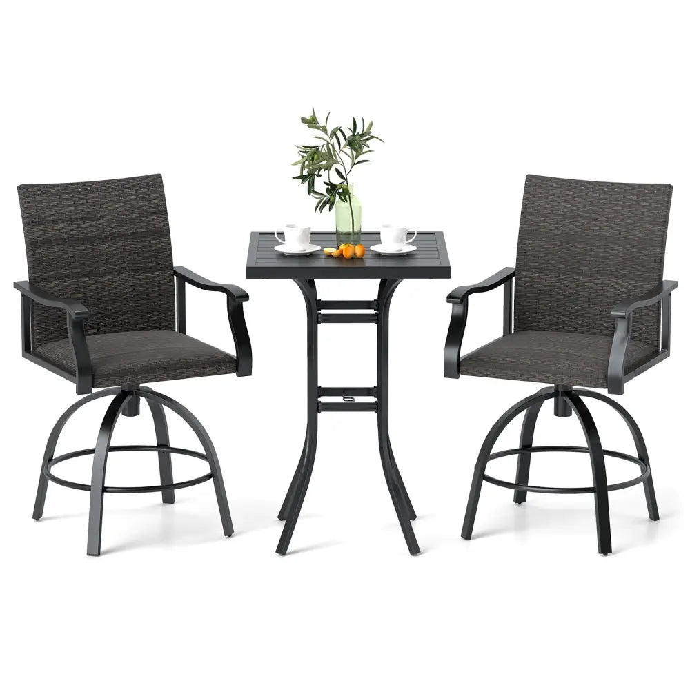 3 Pieces PE Wicker Patio Swivel Bar Set with Quick-Drying Foam-Black - Black - Patio Bar Furniture