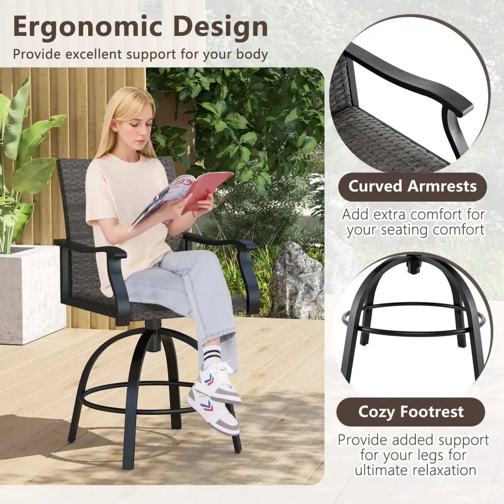 3 Pieces PE Wicker Patio Swivel Bar Set with Quick-Drying Foam-Black - Black - Patio Bar Furniture
