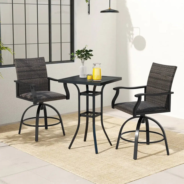 3 Pieces PE Wicker Patio Swivel Bar Set with Quick-Drying Foam-Black - Black - Patio Bar Furniture