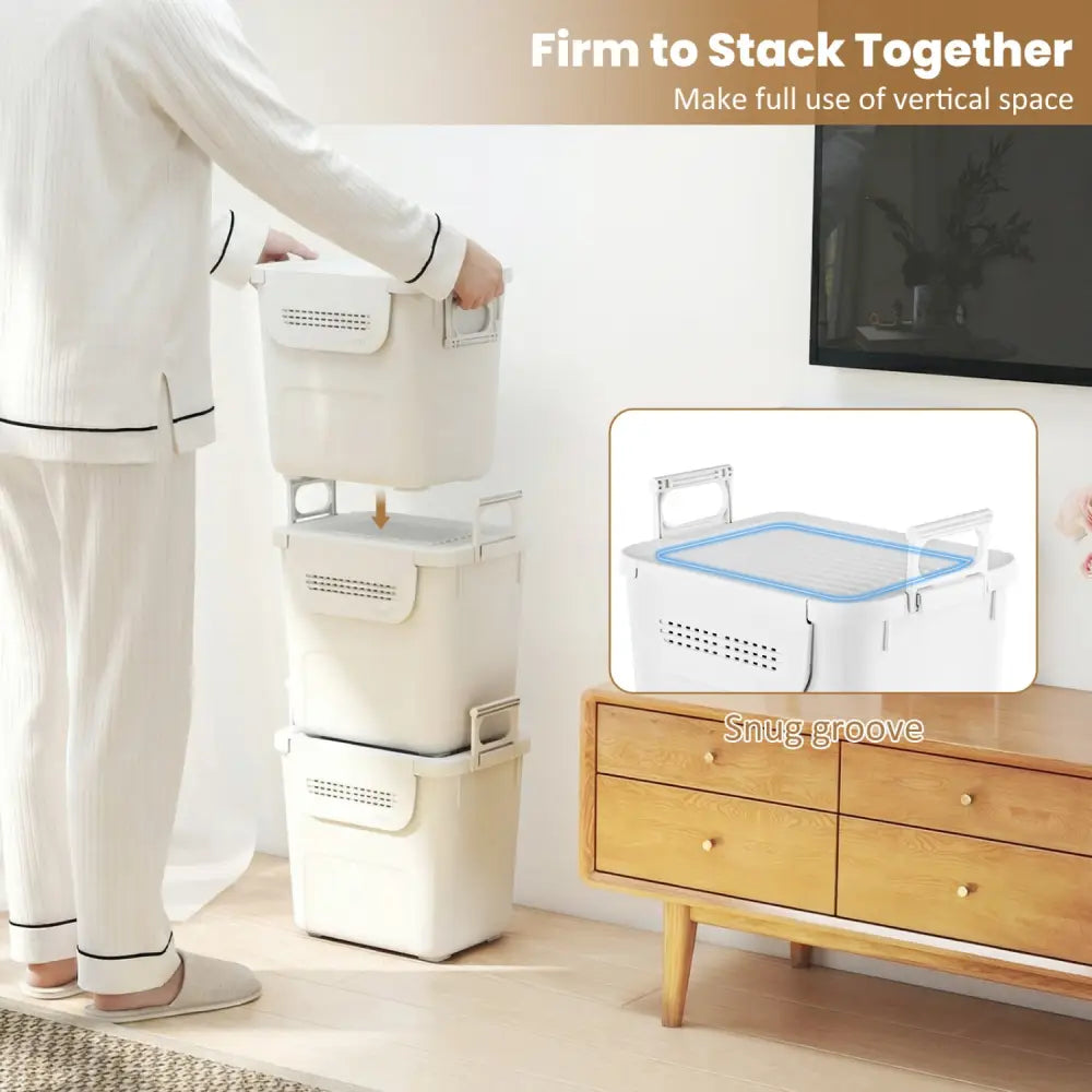 3 Pieces Plastic Storage Bins Stackable with Front Door and Side Handles-White - White - Dressers & Chests