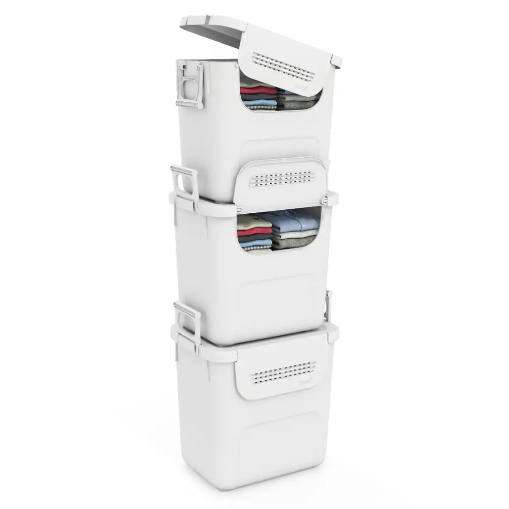 3 Pieces Plastic Storage Bins Stackable with Front Door and Side Handles-White - White - Dressers & Chests
