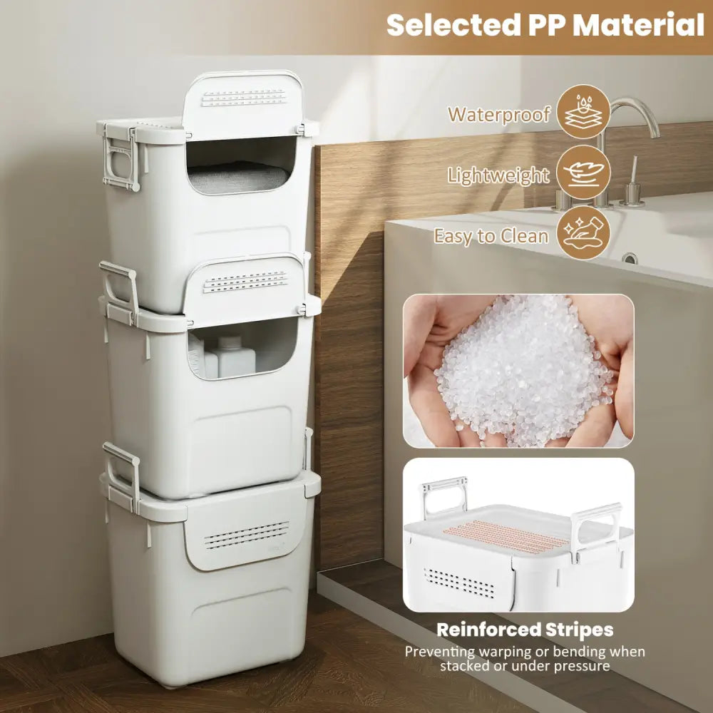 3 Pieces Plastic Storage Bins Stackable with Front Door and Side Handles-White - White - Dressers & Chests