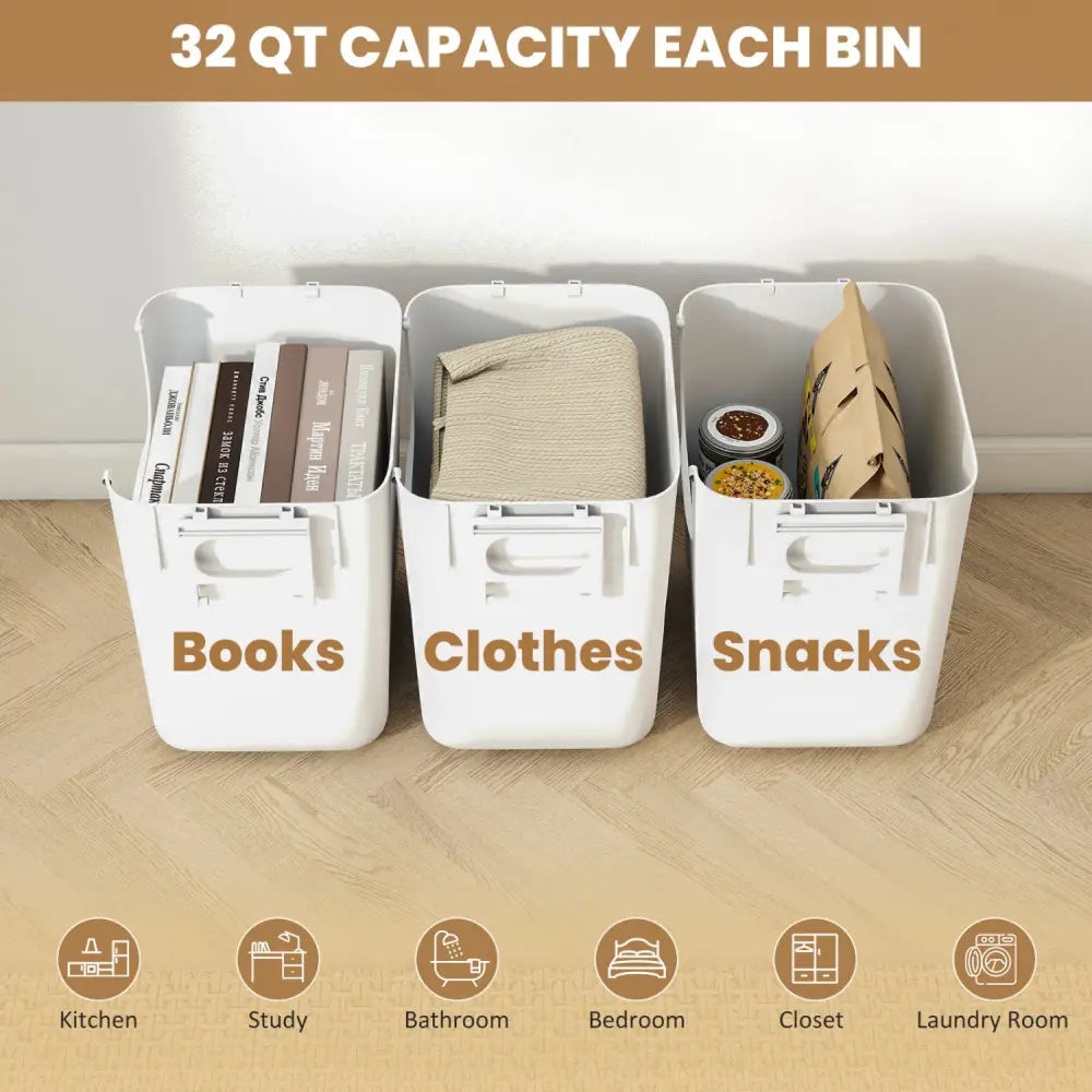 3 Pieces Plastic Storage Bins Stackable with Front Door and Side Handles-White - White - Dressers & Chests
