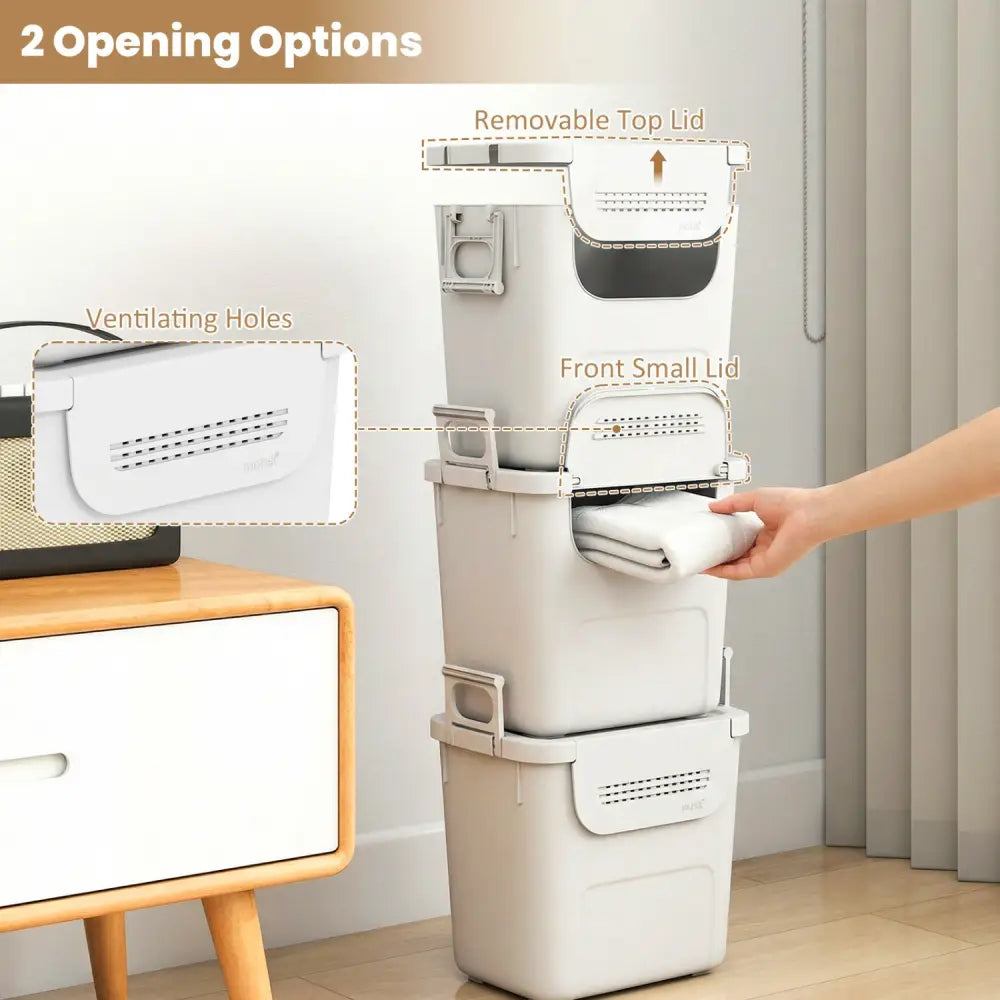 3 Pieces Plastic Storage Bins Stackable with Front Door and Side Handles-White - White - Dressers & Chests