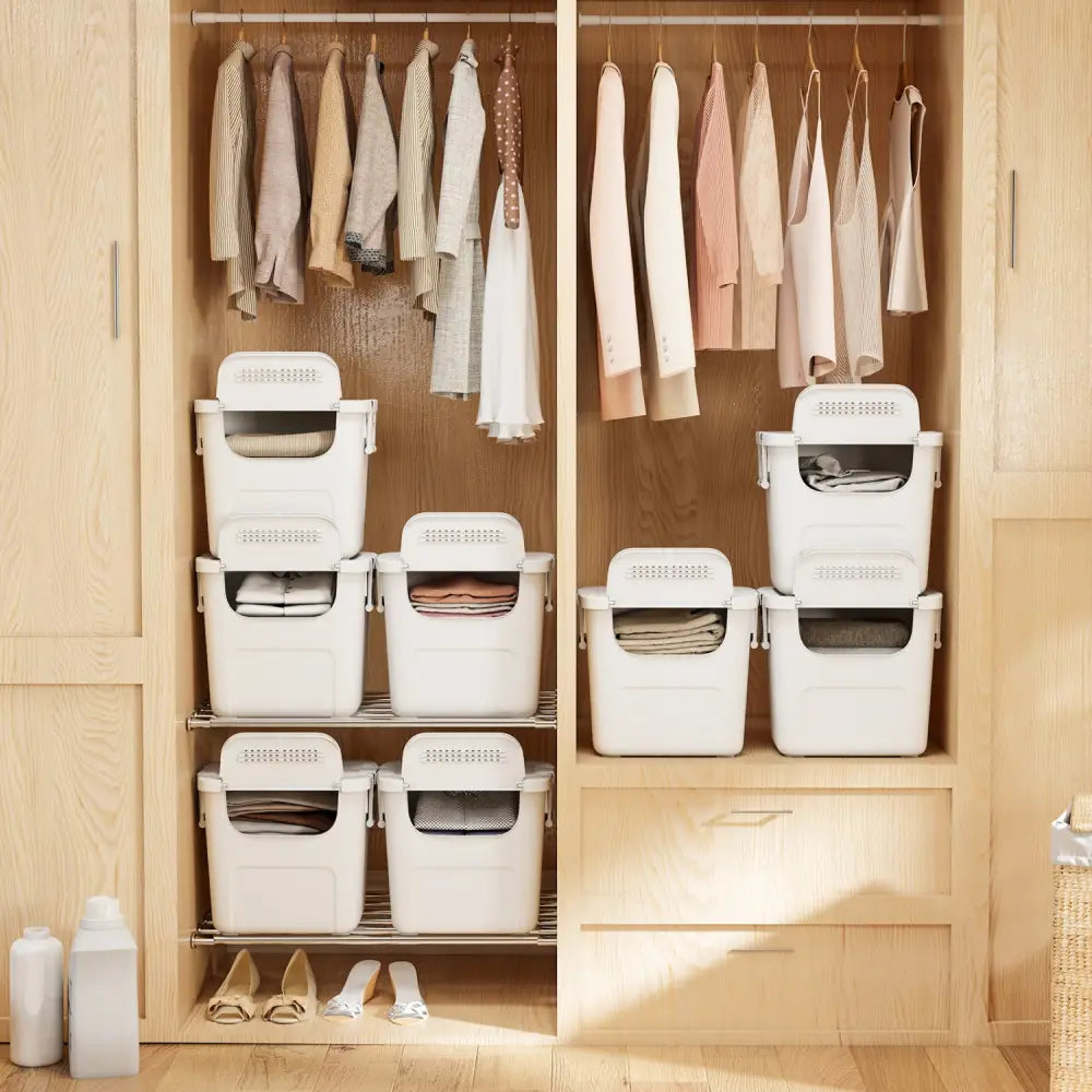 3 Pieces Plastic Storage Bins Stackable with Front Door and Side Handles-White - White - Dressers & Chests