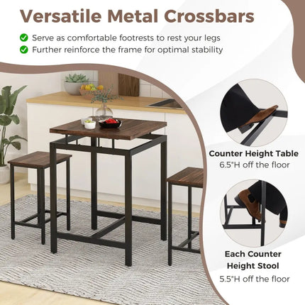 3 Pieces Pub Dining Table Set with Floating Tabletop and Footrest-Rustic Brown Costway