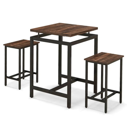 3 Pieces Pub Dining Table Set with Floating Tabletop and Footrest-Rustic Brown Costway