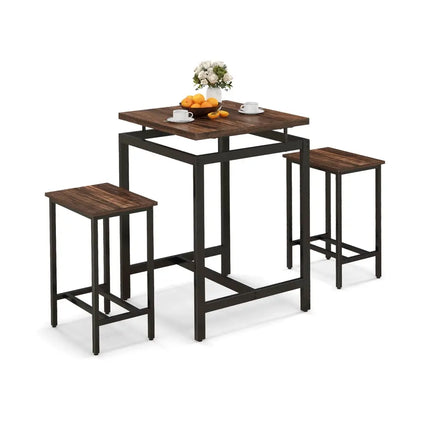 3 Pieces Pub Dining Table Set with Floating Tabletop and Footrest-Rustic Brown Costway
