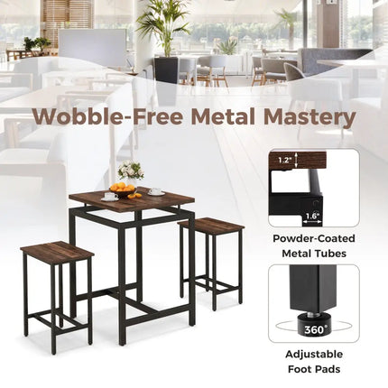 3 Pieces Pub Dining Table Set with Floating Tabletop and Footrest-Rustic Brown Costway