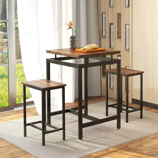 3 Pieces Pub Dining Table Set with Floating Tabletop and Footrest-Rustic Brown Costway