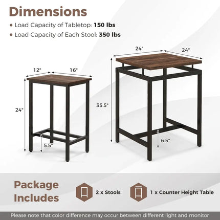 3 Pieces Pub Dining Table Set with Floating Tabletop and Footrest-Rustic Brown Costway
