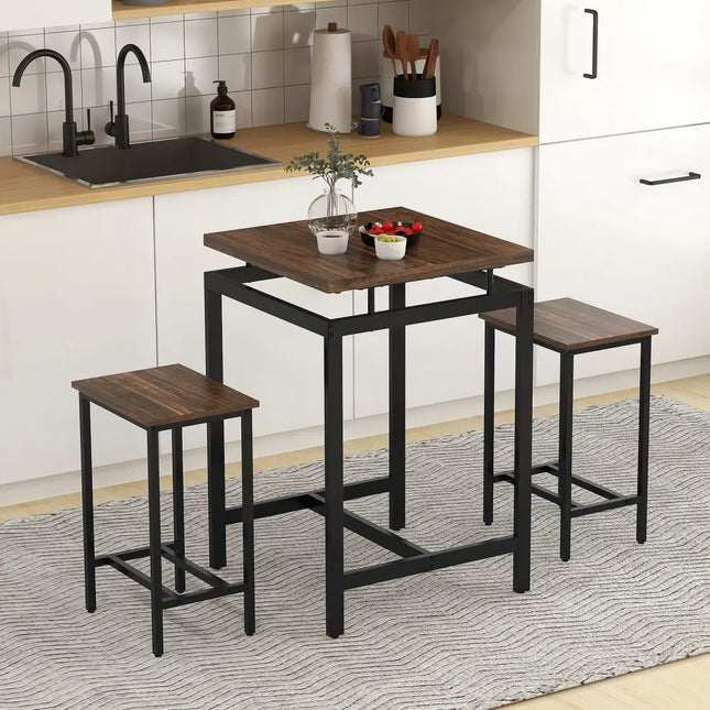 3 Pieces Pub Dining Table Set with Floating Tabletop and Footrest-Rustic Brown Costway
