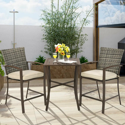 3 Pieces Rattan Bar Furniture Set with Slat Table and 2 Cushioned Stools-Brown - Brown - Patio Bar Furniture