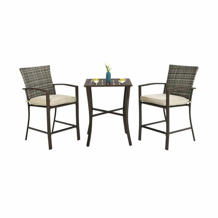 3 Pieces Rattan Bar Furniture Set with Slat Table and 2 Cushioned Stools-Brown - Brown - Patio Bar Furniture
