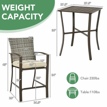 3 Pieces Rattan Bar Furniture Set with Slat Table and 2 Cushioned Stools-Brown - Brown - Patio Bar Furniture
