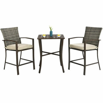 3 Pieces Rattan Bar Furniture Set with Slat Table and 2 Cushioned Stools-Brown - Brown - Patio Bar Furniture