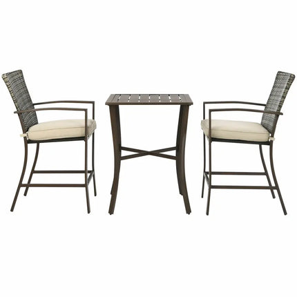 3 Pieces Rattan Bar Furniture Set with Slat Table and 2 Cushioned Stools-Brown - Brown - Patio Bar Furniture
