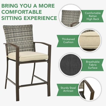 3 Pieces Rattan Bar Furniture Set with Slat Table and 2 Cushioned Stools-Brown - Brown - Patio Bar Furniture
