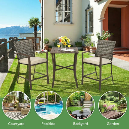 3 Pieces Rattan Bar Furniture Set with Slat Table and 2 Cushioned Stools-Brown - Brown - Patio Bar Furniture